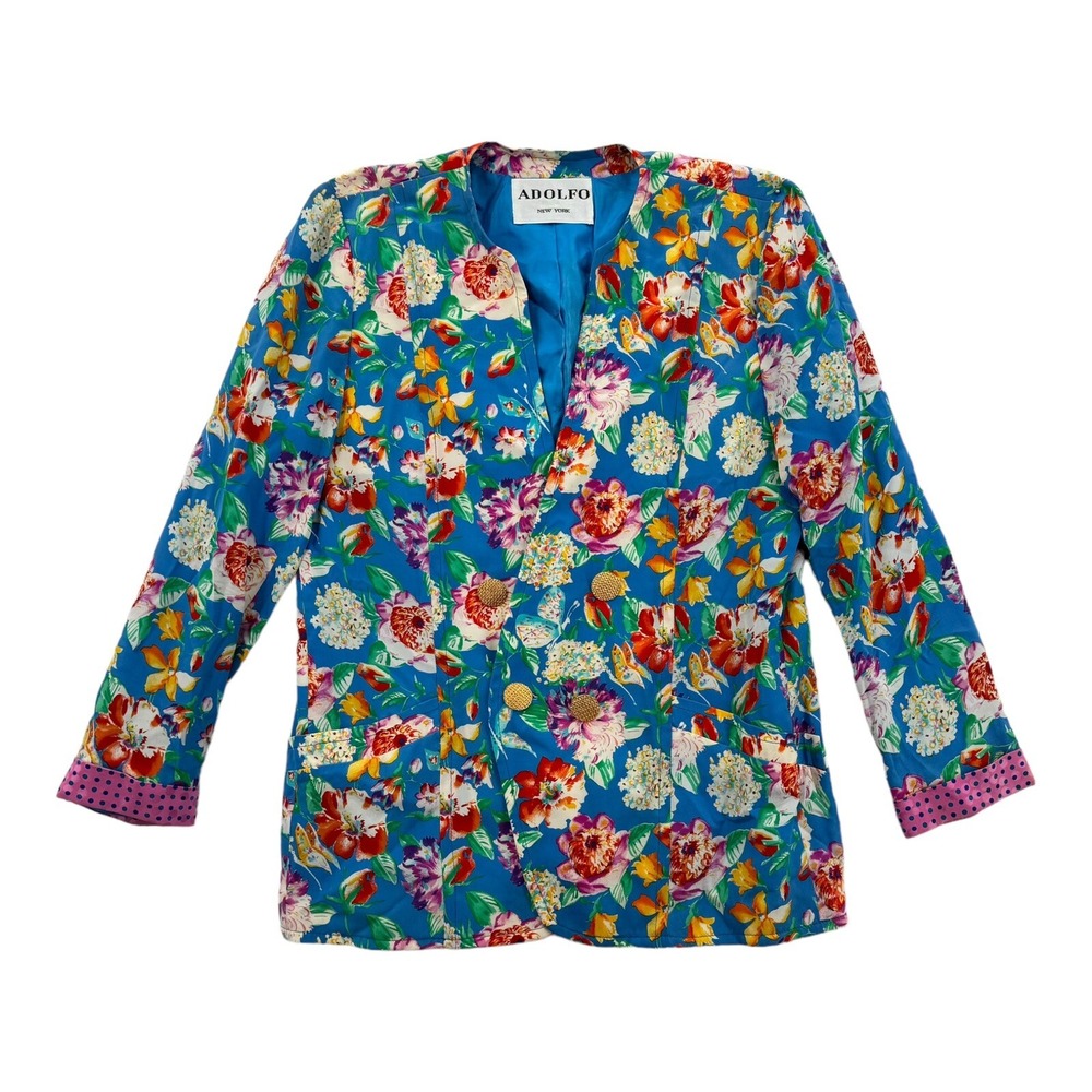 Adolfo New York Floral Jacket‎ Womens Large Silk Blazer Suit Blue Retro Vintage